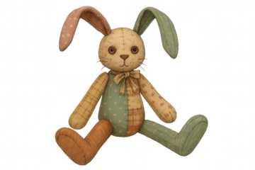Patchwork fabric bunny rabbit doll sitting, vintage handmade stuffed animal toy, childhood memories concept