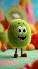 Happy 3D Cartoon Kiwi Character with a Smiling Face on a Textured Surface and Blurred Background . Cute Symbol of Healthy Lifestyle and Organic Food. Copy Space, 9:16 Aspect ratio.