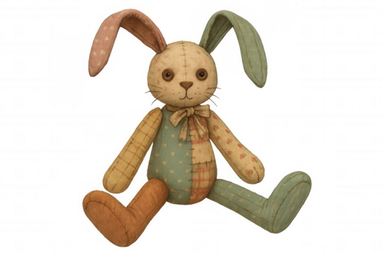 Patchwork fabric bunny rabbit doll sitting, vintage handmade stuffed animal toy, childhood memories concept