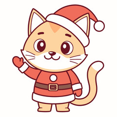 Fototapeta premium Adorable cartoon cat dressed as Santa Claus, waving and wishing Merry Christmas and happy holidays