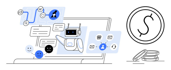 Robot assisting users through chats, flowchart tools, and feedback emotions near a laptop. Ideal for AI, automation, customer service, finance, communication, chatbot design workflow efficiency