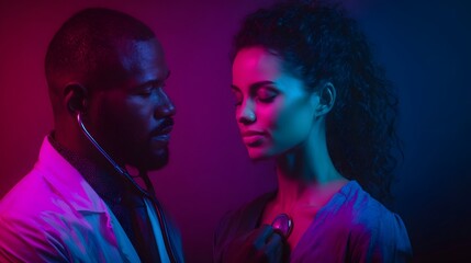 A doctor uses a stethoscope to examine a patient under vibrant pink and blue lighting