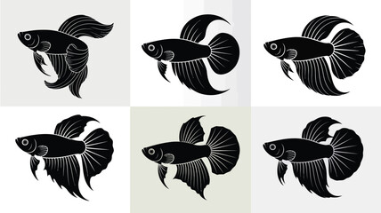 Vector illustration of six elegant black betta fish silhouettes perfect for scalable design elements vector illustration white background