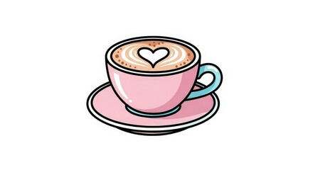 Obraz premium A charming illustration of a pink coffee cup with a heart-shaped design on top, sitting on a saucer.
