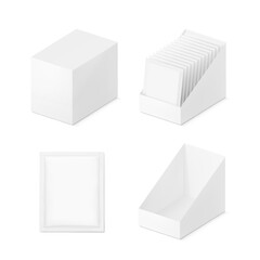 Blank shelf-ready box with sachet mockup. Vector illustration isolated on white background. Easy to use for your product. EPS10.