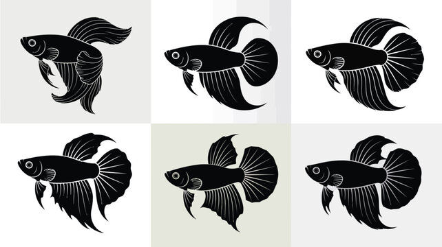 Vector illustration of six elegant black betta fish silhouettes perfect for scalable design elements vector illustration white background