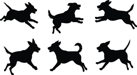 Collection of six dynamic dog silhouettes in playful running and jumping poses, ideal for pet vector design, animal artwork, and decoration