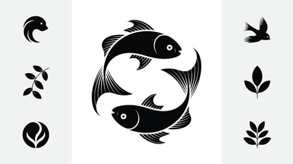 Minimalist black vector illustration yin yang fish icons and nature symbols scalable eps graphic art vector illustration white background