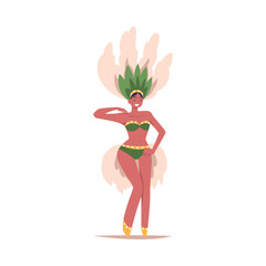 Fototapeta premium Woman Dancer at Brazilian Carnival Dressed in Colorful Feather Outfit Dancing Vector Illustration