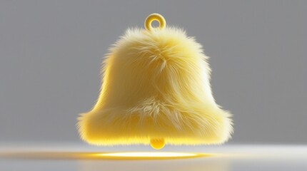 Bright yellow fluffy bell, soft fur texture shining under white light, realistic 3D render, playful elegant style 
