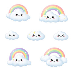 Cute cartoon clouds with rainbows and sparkles isolated on a transparent background