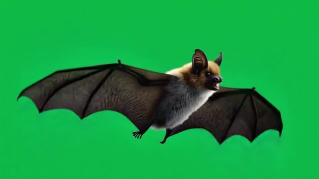 A bat with brown wings and white fur flying against a bright green background in a studio setting bat green screen video