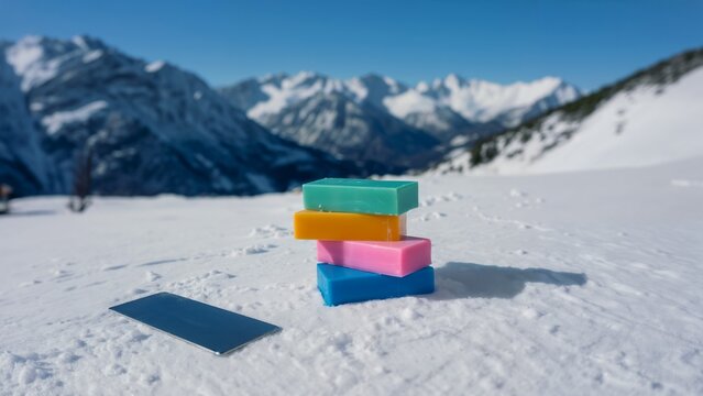 Colorful ski wax bars stacked on snow-covered mountain landscape  