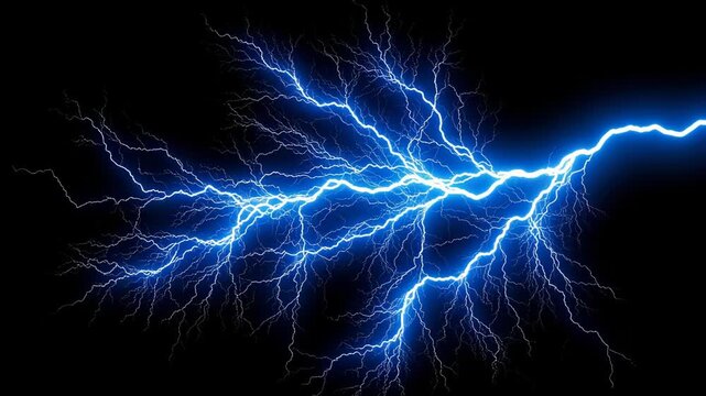 Electric blue lightning strike illuminating a dark sky, showcasing power and energy with branching electrical discharges and intensity