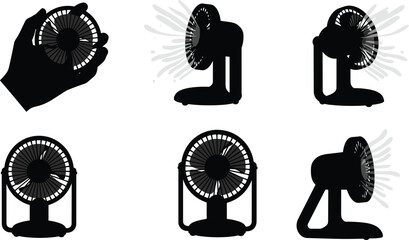 Electric fan silhouettes with airflow effects, hand-held and mounted designs, showing multiple orientations for cooling appliance vector illustration themes © Asad Creative