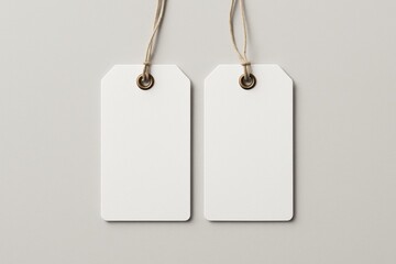 Blank Price Tags: Two rectangular price tags hang side by side, their clean, untouched surfaces awaiting personalized text, representing retail concepts and product identity.