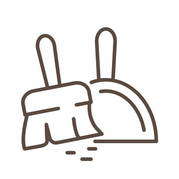 Minimal home cleaning line icon set isolated on transparent background. Broom and dustpan outline symbol for modern household equipment and hygiene concept. Editable stroke.