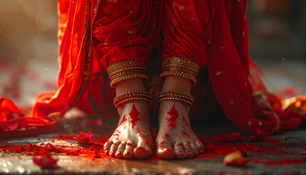 Red Auspicious Divine Feet Close Up During Puja