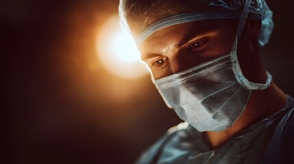 A focused surgeon wearing a mask and cap in an operating room under warm surgical light