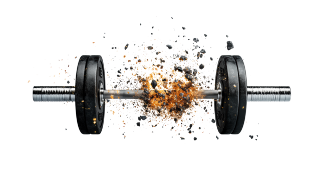 Barbell Explosion with Dust and Debris on Transparent Background