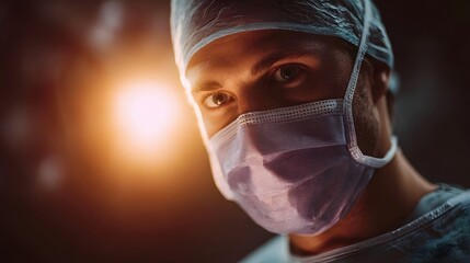 Focused surgeon in surgical mask and cap eyes intense illuminated by dramatic warm light
