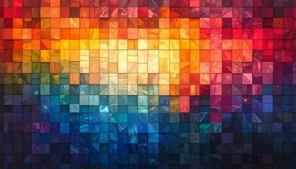 Abstract mosaic pattern of vibrant squares and triangles