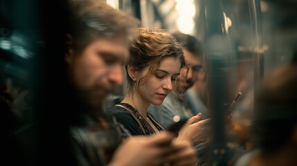 A woman on the train concentrates on her phone, surrounded by busy movement and train passengers. The train ambiance is filled with passengers all engaged with their phones.