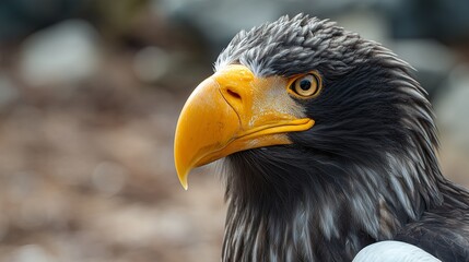Fototapeta premium The eagle displays a prominent beak and sharp eyes, which highlight the eagle's majestic presence. Feathers line the eagle's head, and its sharp beak and eyes are focused.
