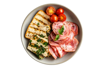 Delicious Gourmet Plate: A close-up shot of a gourmet plate, featuring sliced sausage, grilled bread, ripe cherry tomatoes, and fresh herbs, offering a tantalizing culinary experience.