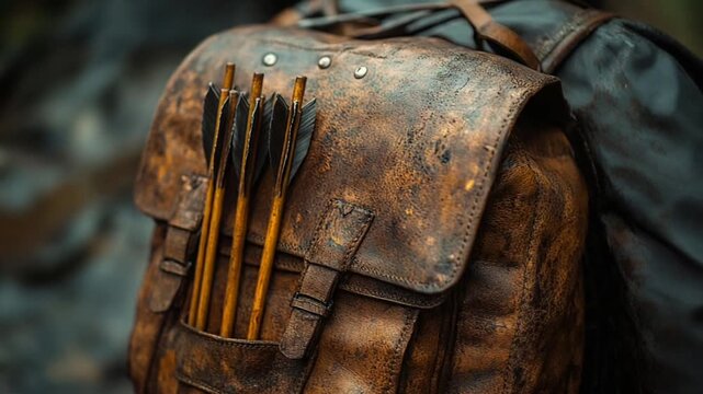 Close up of a weathered quiver filled with arrows, ready for adventure.