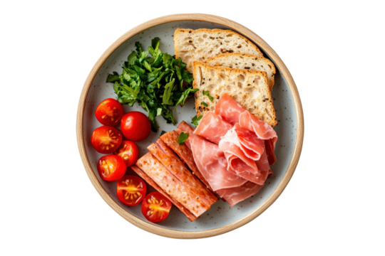 Exquisite Appetizer: A culinary composition, a visually stunning dish of fresh ingredients, artfully arranged on a ceramic plate. Inviting and tasteful experience.