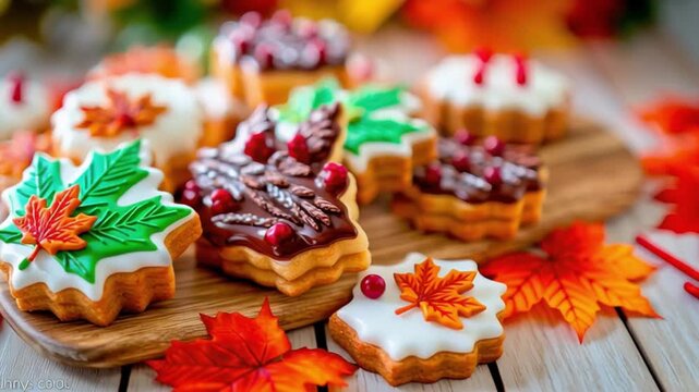 Halloween cookie decorating colorful autumn leaf shaped cookies wooden board fall leaves around creating festive mood with vibrant icing and seasonal
