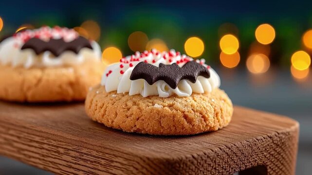 Cookie decorating with creamy frosting and chocolate bat shapes on wooden board creating festive delicious holiday treat celebration