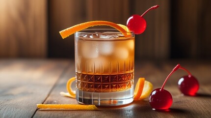 Classic old fashioned cocktail with bourbon whiskey, bitters, garnished with orange peel and cherry, realistic photo 