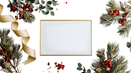 Christmas greeting card background with green fir tree branches, pine cones, and holly for a winter holiday season border decoration