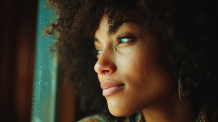 African American Person Looking Out Window. Close-Up Portrait of Beautiful Woman