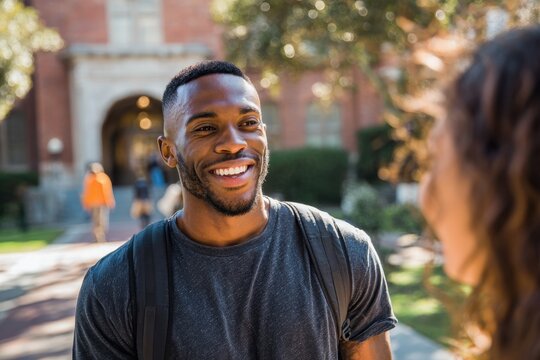 African American Private School Student. Walking and Chatting with Friend at College Campus - Powered by Adobe