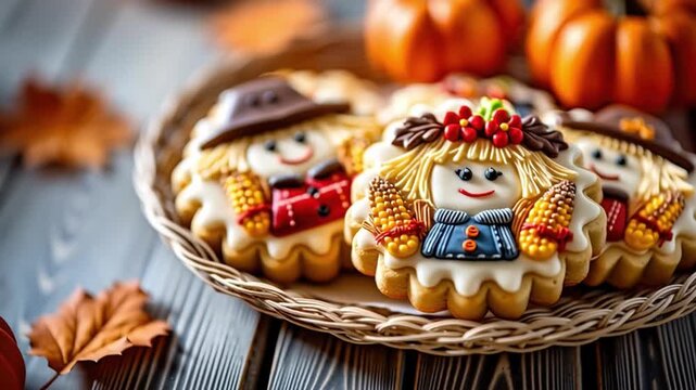 Halloween cookie decorating with festive scarecrow designs wicker tray creating joyful autumn treats perfect for seasonal celebrations and festive