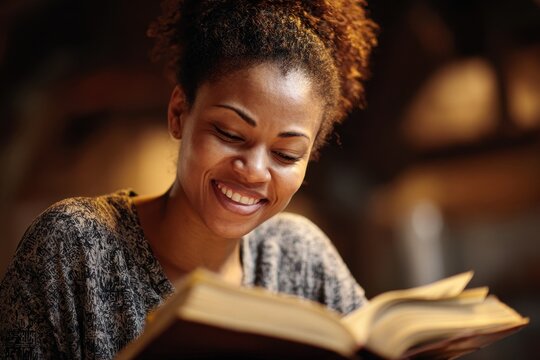 African American Reading Bible. Woman Studying Christianity and Spirituality with Smiling Face