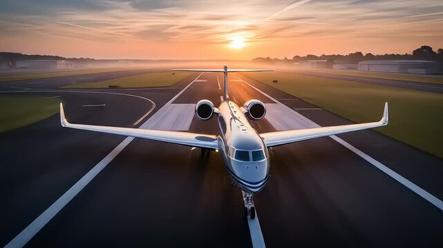 A luxury private jet poised on an airport runway, ready for takeoff into the golden sunrise, symbolizing success and exclusive travel