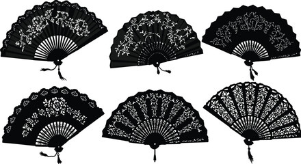 Handheld folding fan silhouettes with tassels and intricate lace, floral, and geometric designs for traditional cultural vector illustration themes © Asad Creative