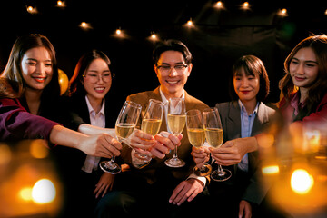   A group of beautiful girls at a company party, drinking, celebrating New Year, club party with friends.