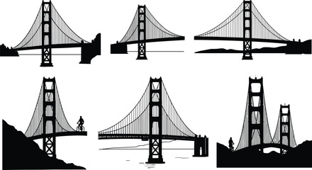 Golden Gate Bridge vector silhouettes from multiple perspectives with towers, suspension cables, pedestrians, cyclist, reflections, San Francisco landmark, travel, architecture illustration