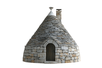 Trullo Building, Historic Stone Architecture: This image presents the iconic Trullo building in Alberobello, Italy. Constructed from gray stones with a conical roof, a small door, and a chimney.