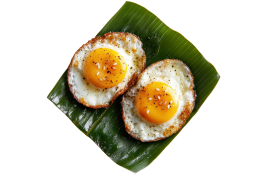 Delicious Duo: Two perfectly fried eggs sit atop a fresh, vibrant green leaf, their sunny yolks glistening with freshness, a tempting culinary delight.