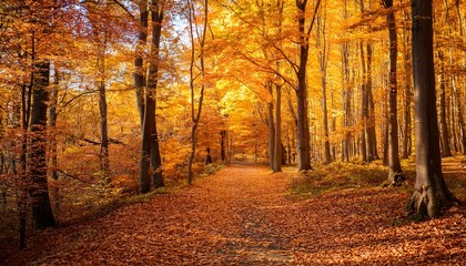 Obraz premium Bright Orange Autumn Forest With Path And Golden Leaves In Daytime