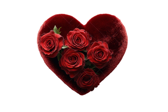 Love's Crimson Embrace: A heart-shaped, velvety cushion cradles a bouquet of velvety, deep-red roses, symbolizing profound affection, against the backdrop of unconditional love.