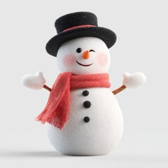 A cute winking snowman with a black hat and red scarf in a white background. Isolated snowman with open arms. lllustration with festive winter theme, joyful expression, perfect for holiday christmas.