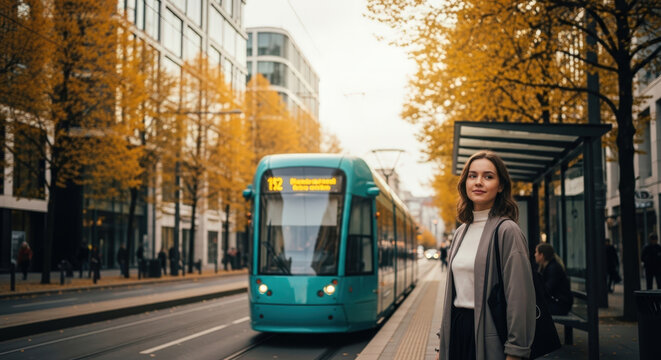 Young woman stands at tram stop in city with modern teal tram and vibrant yellow autumn trees - Powered by Adobe