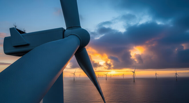 Close up of large wind turbine blade at offshore wind farm during vibrant sunset over ocean